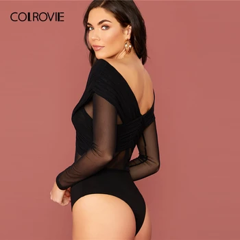 COLROVIE Sort Mesh Overlay på Tværs af Wrap Solid Body Kvinder V Hals Tynde Bodysuit 2020 Spring Høj Stretch Sexet Bodyer