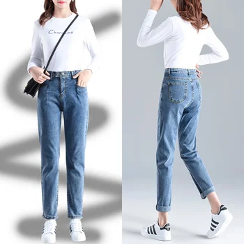 Retro høj talje, straight jeans kvinder streetwear løs strækning plus size bukser-knappen lynlås damer jeans 2020