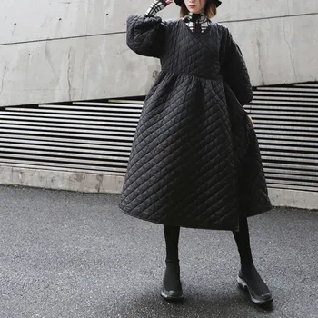 2020 Nye Oversize Kvinder Vinterfrakke Vintage Puff Ærmer Plaid Wrap Parka Koreanske Sort Bomuld Jakke Efteråret Overfrakke Streetwear
