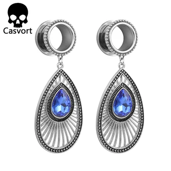 Casvort piercing blå krystal dingle rustfrit stål øre piercing body jewelry expander plugs og tunnels par sælger 2stk masse