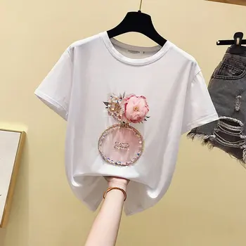 Sommeren Tshirt Kvinder Toppe Hvid Perlebesat Æstetiske koreansk Tøj, Kvinder T-shirt med Vintage Bomuld kortærmet t-Shirt Kawaii 2020
