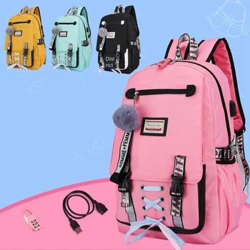 Pink Lærred skoletasker USB-Opladning, Anti-tyveri Schoolbags for Piger Rygsæk Stor Kapacitet Skoletaske Teenagere, Kvinder Rygsæk