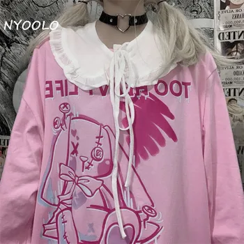 NYOOLO Harajuku tegnefilm kawaii kanin breve udskrive langærmet t-shirt kvinder Efteråret løs pullovere skole piger toppe tee