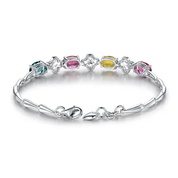 Nye 925 Sterling Sølv Krystal Armbånd Farverige Smykkesten Udsøgt Sølv Armbånd Til Kvinde Charme Smykker Gave