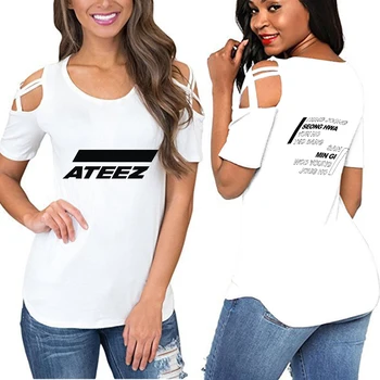 KPOP ATEEZ off skulder t-shirt kvinder girl hip hop t-shirt kvinder sexet kort ærme t-shirt streetwear koreanske tshirt toppe tøj