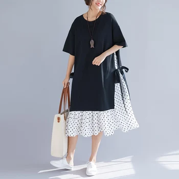Plus Size Kvinder Sommer Kjole Mode Print Polka Dot Bomuld, Løs, Afslappet Patchwork Vestidos Elegant Tøj Beach Kjoler 2021
