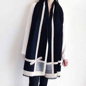 Chanycore koreanske bow Fashion Vinter tørklæde cashmere pashmina kvinder tørklæder Colorblock dobbelt-sidet varm tykt sjal til damer