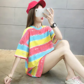 T-shirts Kvinder Farverige Korte Ærmer Stribet Løs i Stor Størrelse 2XL Sød koreansk Stil Harajuku Ins Trendy Streetwear Alle-match