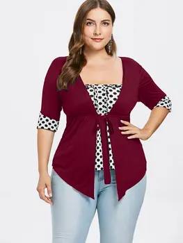 ROSEGAL Plus Size Polka Dot Print Faux Twinset T-Shirt Kvinder Stor Størrelse Farve Blok T-Shirt Damer Tunika Toppe, t-Shirts Efteråret 2019