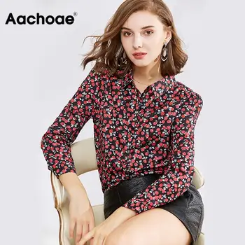 Aachoae Bluse Kvinder Med Lange Ærmer 2020 Turn Down Krave Blomster Print Casual Skjorte Tunika Top Elegant Bluse Plus Size Blusas Mujer