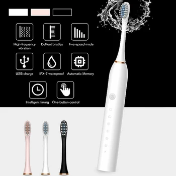 1 sæt Elektrisk Tandbørste USB-Genopladelig Vandtæt 6 Tilstande Voksen Hvid Sort tandbørster Med 4 Udskiftning Hoveder Gave