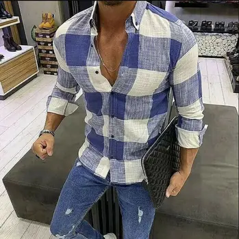 Hot Fashion Mandlige Plaid Uden Pocket Shirt Mænd Tøj Slim Fit langærmet Shirt til Mænd Casual Mandlige Shirt Social Plus Størrelse M-3XL