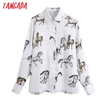 Tangada Kvinder dyreprint Hvide skjortebluser Vintage Lange Ærmer Kvindelige Casual Skjorter Blusas Smarte Toppe BE340