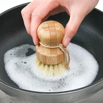 Opvask Børste Bambus Pot Børste Køkken Renere Palm Kort Håndtag Rundt Fad Børste