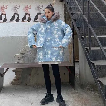 Kvinders koreansk stil løs ins Harajuku style vinter tyk mid-længde camouflage hooded cotton jakke outwear