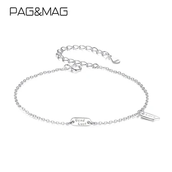 PAG&MAG 925 Sterling Sølv Held og lykke Tag Charme Armbånd Til Kvinder Minimalisme Sølv Matel Kæde Armbånd Fine Smykker SB0091