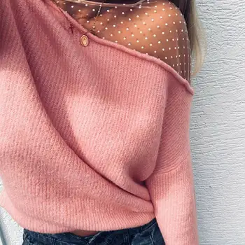 2020 Nyeste Sexede Kvinder Efteråret Bluse Sheer Se Gennem O-Hals Lange Ærmer Pullover Sweater Plus Size Tøj Til Kvinder