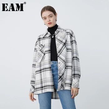 [EAM] Kvinder Hvid Plaid Stor Størrelse Fritid Bluse Nye Revers Lange Ærmer i Loose Fit Skjorte Mode Tidevand Foråret Efteråret 2021 1DC183