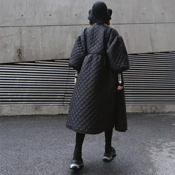2020 Nye Oversize Kvinder Vinterfrakke Vintage Puff Ærmer Plaid Wrap Parka Koreanske Sort Bomuld Jakke Efteråret Overfrakke Streetwear