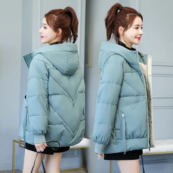 Vinter Jakke 2020 New Ned Bomuld Overtøj Koreansk Mode Elegant Cotton Coat Kvinder Casual Løs Parkacoats Kort Overfrakke R562