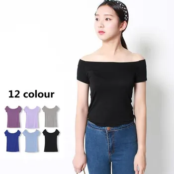 Koreansk stil sexet slash hals sort t-shirt,kvinder toppe om sommeren kortærmet bomulds-toppe Pige t-shirt,plus size shirts 4XL 5XL 6XL