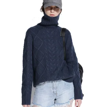 Ny Stil til Efterår og Vinter Kvinder Rullekrave Pullover Kabel-Strik Polstret Løs og Plus-sized Cashmere Base Sweater