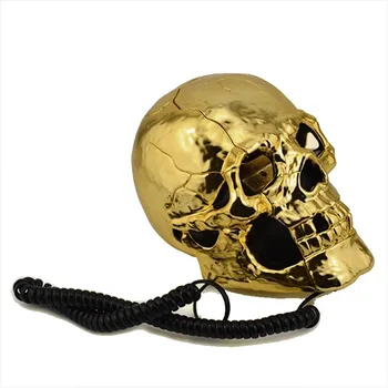 Nye Unikke Skull Hoved Formet Skelet Blinkende Øjne Ledning Fastnet Hjem Skrivebord Og Telefon Borddekoration Gylden Farve