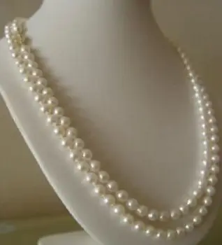 Gratis forsendelse hot salg Kvinder Brude Bryllup Smykker >>7-8 MM Hvid Ferskvands Perle Halskæde: 90 cm