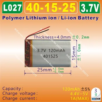 10stk [L027] 3,7 V 120mAh [401525] PLIB; polymer lithium-ion / Li-ion batteri til SMART UR,HØJTTALER,LEGETØJ,bluetooth-hovedtelefoner,MP3
