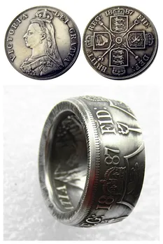 Håndlavet Ring Coin Af UF01 STORBRITANNIEN, Victoria 1887 Dobbelt Florin Sølv Forgyldt Kopi Mønt'dato' I Størrelserne 8-16