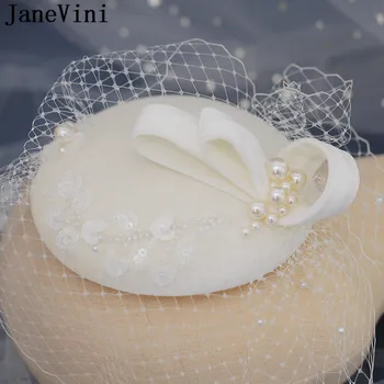 JaneVini Elfenben Perler Sequined Brude Hat med Slør Kort Mesh Bryllupper Hat til Bruden Cap Mode Kirke Dame Part Hovedbeklædning