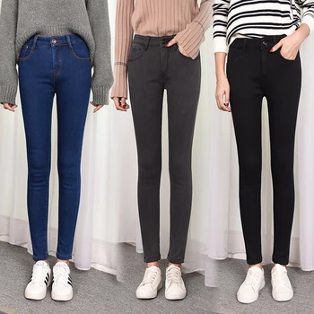 Varm Vinter Plus Size Slim Jeans Kvinder Avancerede Stretch Bomuld Denim Bukser Tyk Fleece Studerende Bukser Blå Sort Grå