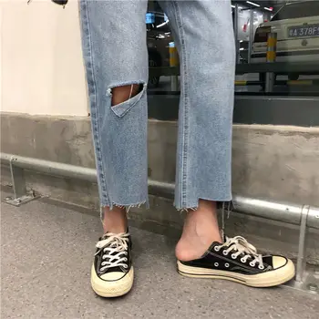Jeans Kvinder Med Høj Talje Smarte Revet Hul Vintage Uregelmæssige Lige Trendy Foråret Koreansk Stil Teenagere Kvindelige Kpop Denim Casual