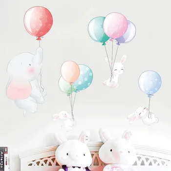 Tegnefilm Elehant og Bunny med Luftballon Wall Stickers til børneværelset Baby Nursery Room Dekoration vægoverføringsbilleder til stuen
