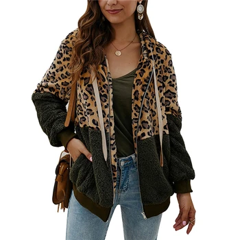 Damer Varm Hooded Coat Kvinder Mode Leopard Patchwork Frakke Damer Plys Pels Nye Efterår Og Vinter Toppe Til Kvinder Plus Størrelse