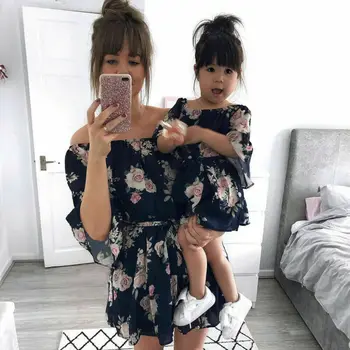 Mor og Mig Outfits Familie Matchende Tøj Lady ' s Mor, Datter Sommer Baby Pige Blomstret Kjole Outfit