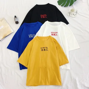 Koreansk Stil kortærmet tshirt Toppe om Sommeren Kvinder T-shirts Basic Gøre Uforet Øvre Kappe mode blå brev print t-shirt