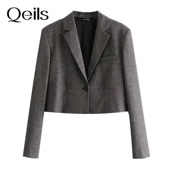 Qeils Kvinder Mode Beskåret Ind Hak Blazer Pels Casual Vintage-Lange Ærmer Med Skulderpuder Kvindelige Overtøj Smarte Toppe