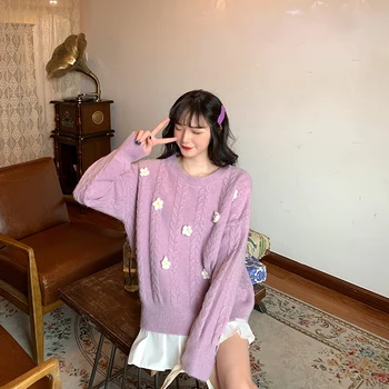 4-Farve Sød Strikket Sweater Kvinder Casual Løs Oversize Tynd Pullover Kvindelige O-hals Lange Ærmer Kawaii Toppe I 2020 Efteråret koreansk