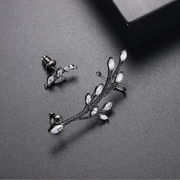 FXLRY Nye Design Personlighed Gun Sort Med Hvide Cubic Zircon Asymmetrisk Gren Øreringe Til Kvinder Mode Smykker