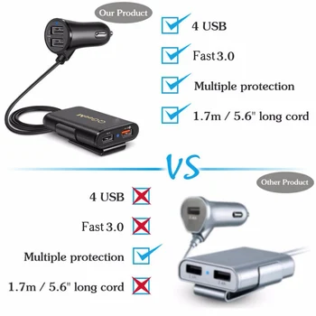 QGEEM 4 USB QC 3.0 Bil Oplader til Hurtig Opladning 3.0 Telefon Bil Hurtigt Tilbage Foran Oplader Adapter Bil, Bærbar Oplader Stik til iPhone