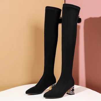 Vinter fashion lange rør knæet-længde kvinders støvler i ruskind og fløjl varm højhælede slid-resistente lange støvler