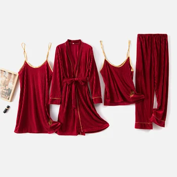 Efteråret Guld Fløjl Kvinder Pyjamas Sæt Varmt Nattøj 2020 Kvindelige Fire-Delt Sæt Homewear Elegant Broderi Dame Nattøj