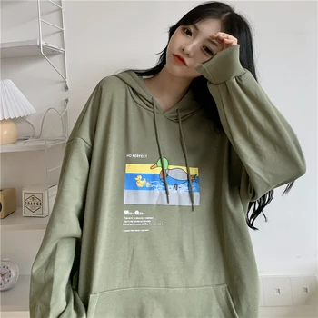 Bomuld Hooded For Kvindelige Studerende 2020 Efteråret Koreanske College Løs Print Langærmet Sweatshirt Trøjer