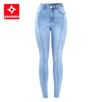 2144 Youaxon Nye Højtaljede Blå Patchwork Jeans Kvinde Ultra Elastisk Denim Blyant Tynde Bukser Bukser Til Kvinder Jeans