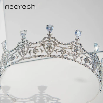 Mecresh Crystal Crown Hovedbøjle Ornamenter Sølv Farve Brude Tiara til Prom Festival Brudepige Bryllup Hår Tilbehør HG283