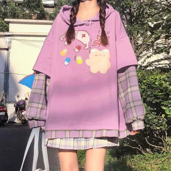 Japansk Efteråret Sød Falske To Tegnefilm Print Hættetrøjer Kvinder Koreanske Løs Ternet Langærmet Hætteklædte Teen Pige Pullover Sweartshirt
