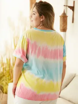 Nye sommer plus size toppe for kvinder stort kort ærme løs casual print rainbow O-hals-knappen slids T-shirt 3XL 4XL 5XL 6XL 7XL