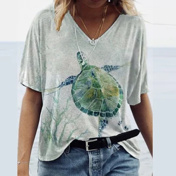 Kvinder Vintage Abstrakte Skildpadde Printet Bluse Shirts 2021 Sommeren Sexy V Hals Kortærmet Pullover Toppe Ladies Casual Løs Blusa