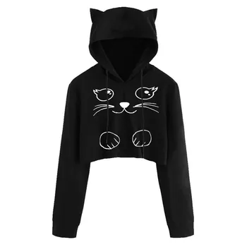 Hættetrøjer Sweatshirts Kvinder, Piger Afslappet Langærmet Kort Hætte Sweatshirt Kat Kitty Print Pullover Toppe Bluse Til Kvinder